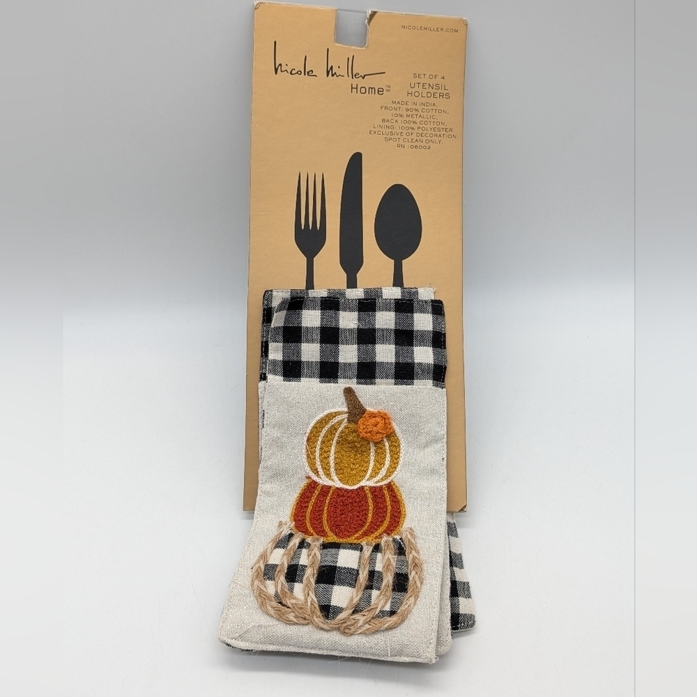 ✨3/$15 NWT Nicole Miller Fall Autumn Checkered Pumpkin Utensil Holders Set Of 4